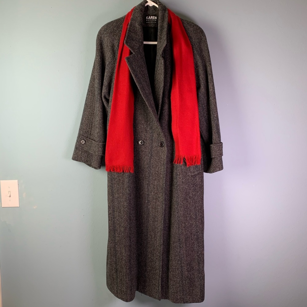 Vtg Karen Petites Wool Coat Gray Large W/ Scarf